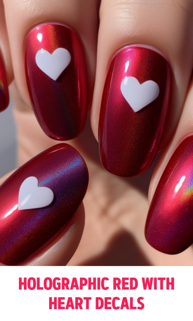 Holographic Red Nails with Heart Decals