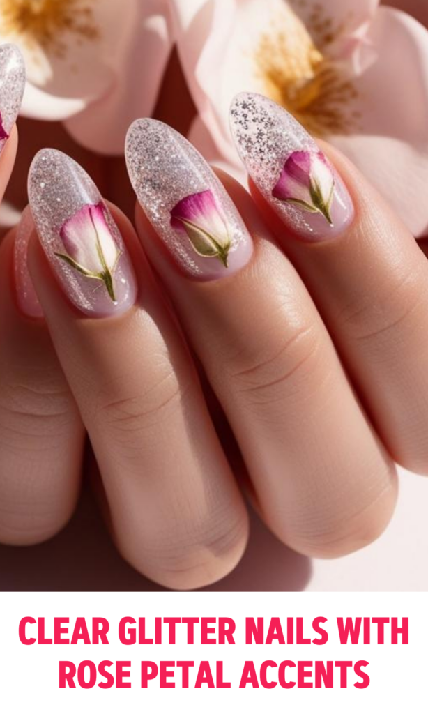 Clear Glitter Nails with Rose Petal Accents