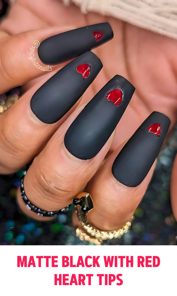 Matte Black Nails with Red Heart Tips