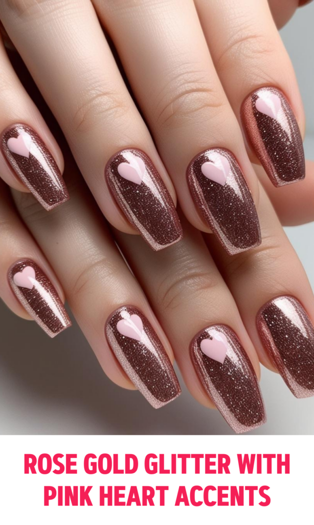 Rose Gold Glitter Nails with Pink Heart Accents