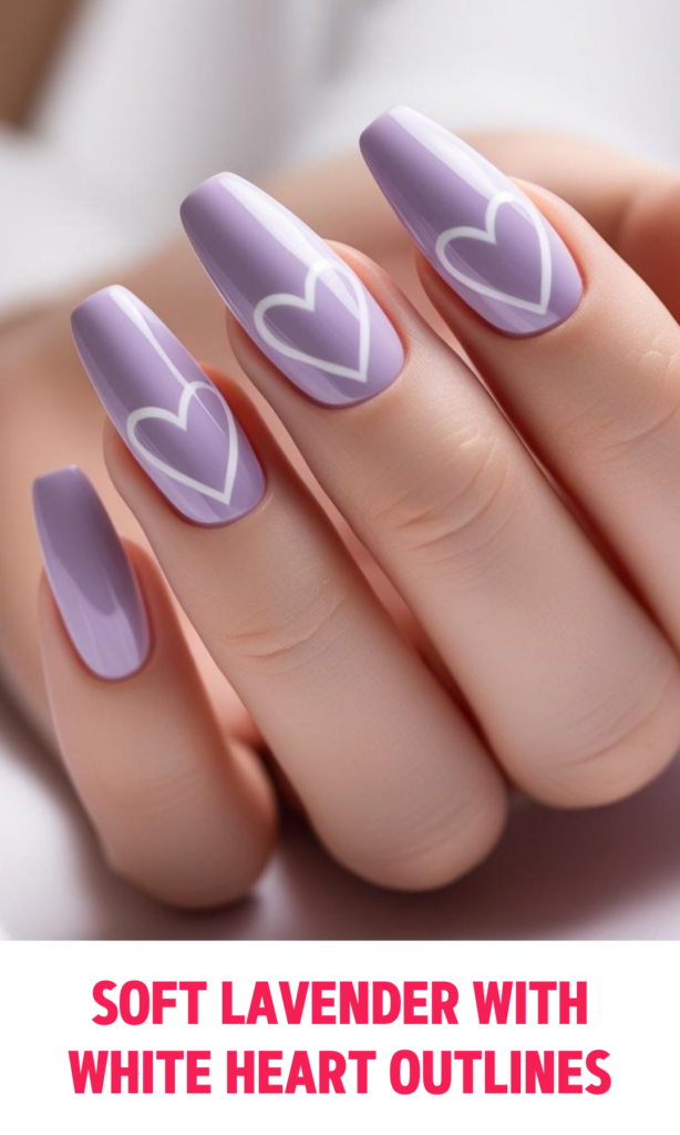 Soft Lavender Nails with White Heart Outlines