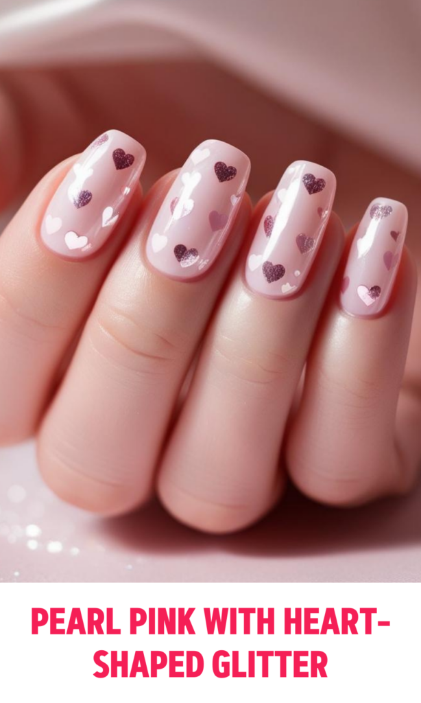 Pearl Pink Nails with Heart-Shaped Glitter