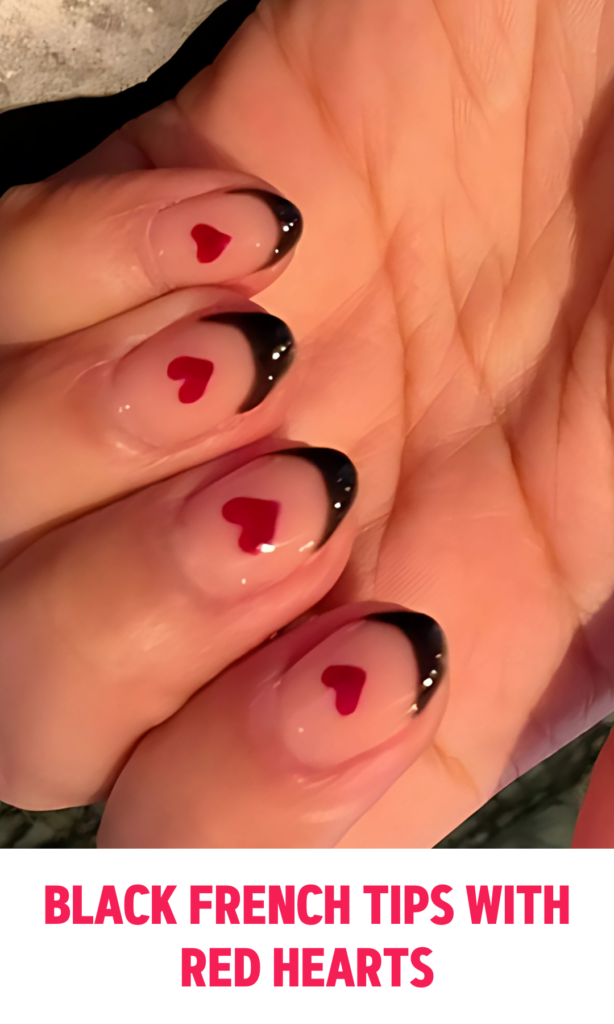 Black French Tips with Red Hearts