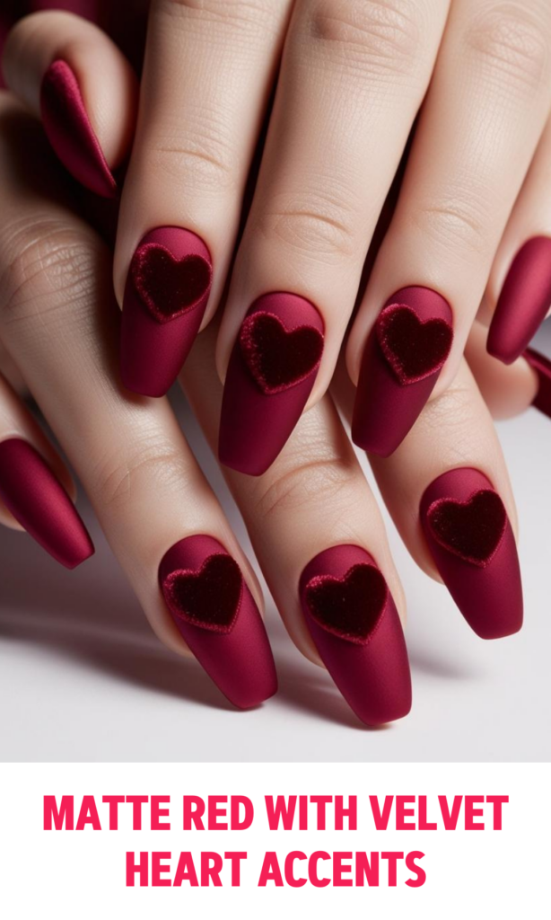 Matte Red Nails with Velvet Heart Accents