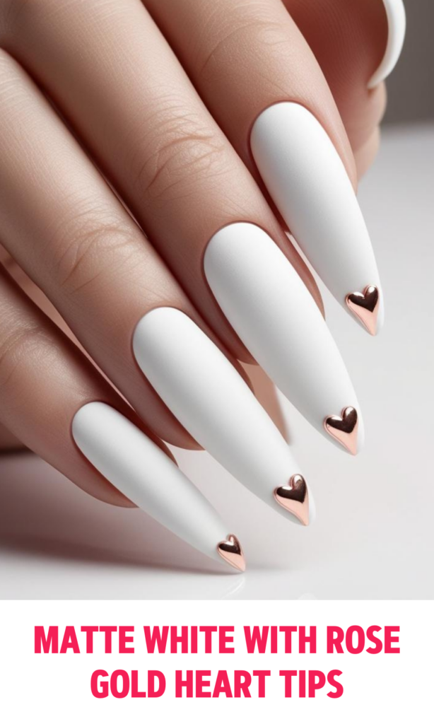 Matte White Nails with Rose Gold Heart Tips