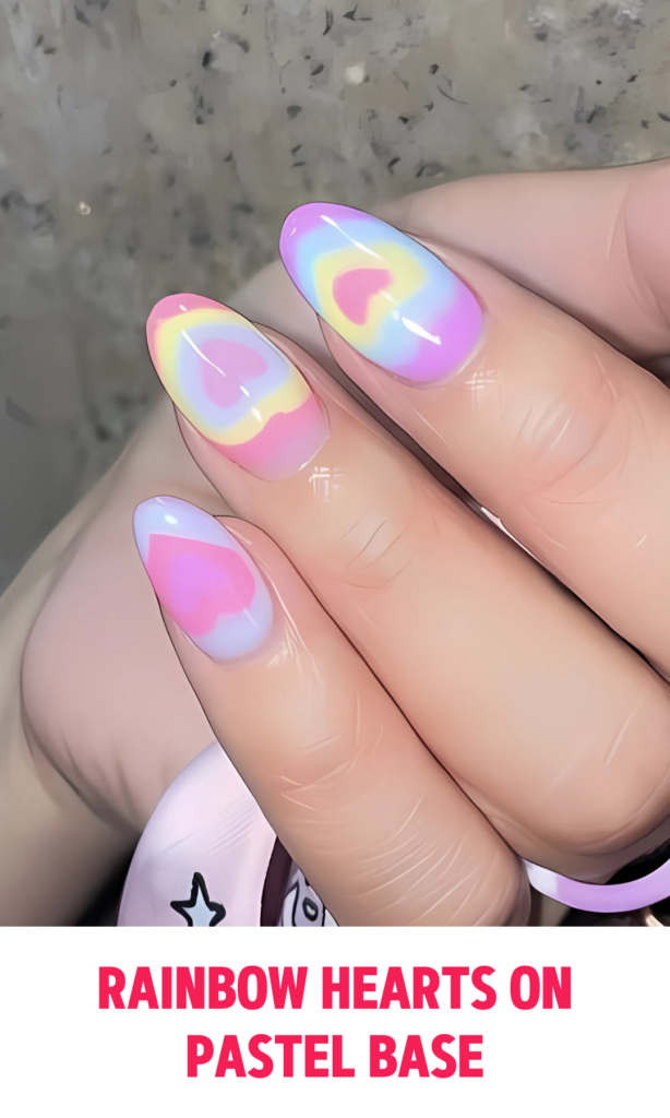 Rainbow Hearts on Pastel Base Nails