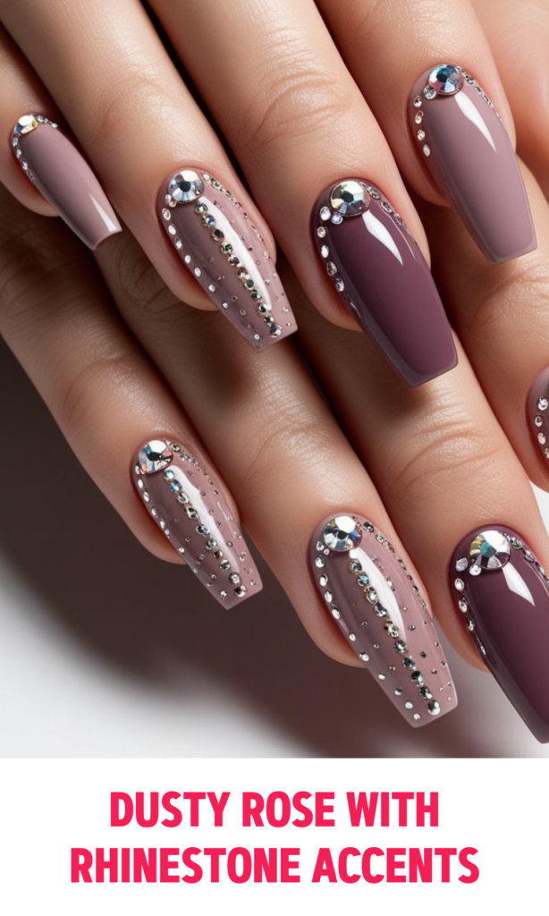 Dusty Rose Nails with Rhinestone Accents