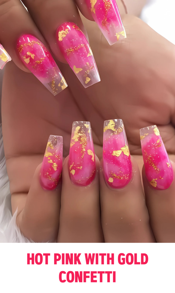 Hot Pink Nails with Gold Confetti