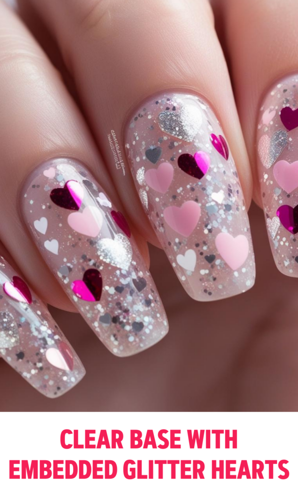 Clear Base Nails with Embedded Glitter Hearts