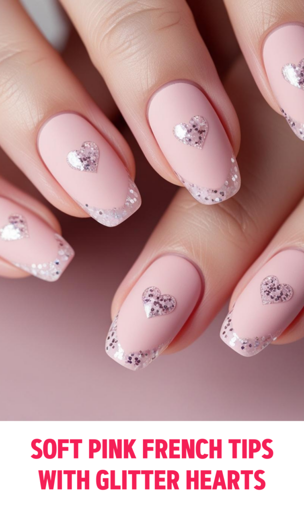 Soft Pink French Tips with Glitter Hearts