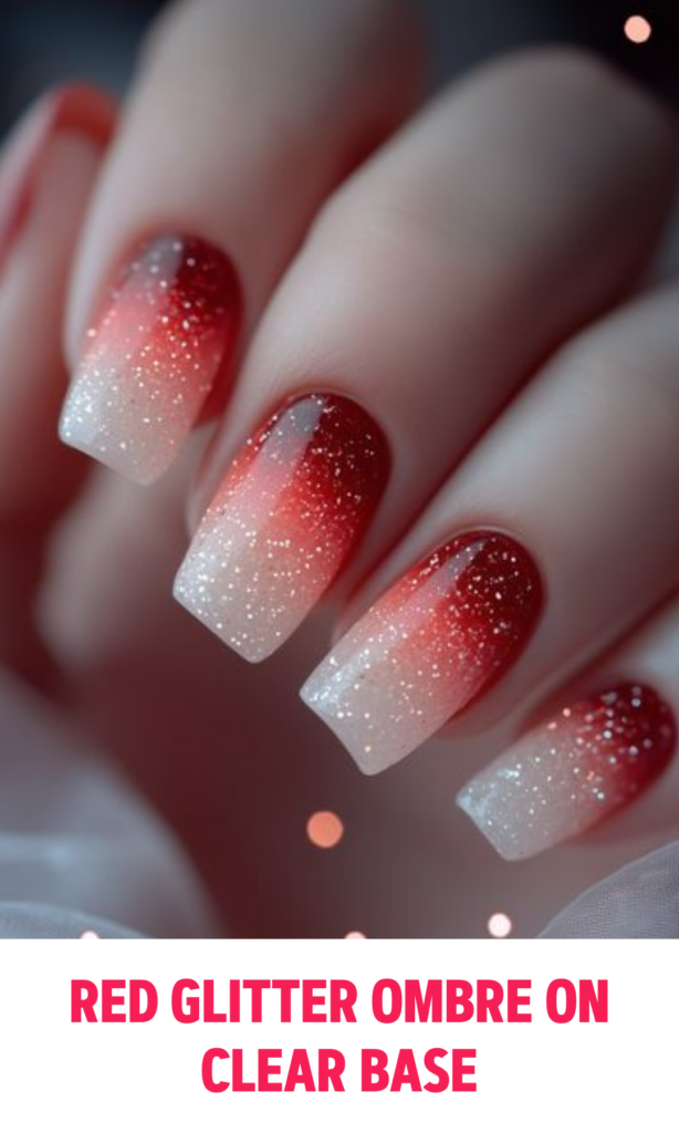 Red Glitter Ombre on Clear Base Nails