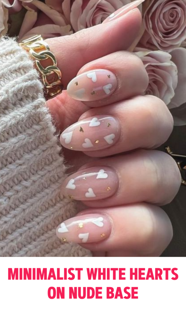 Minimalist White Hearts on Nude Base Nails