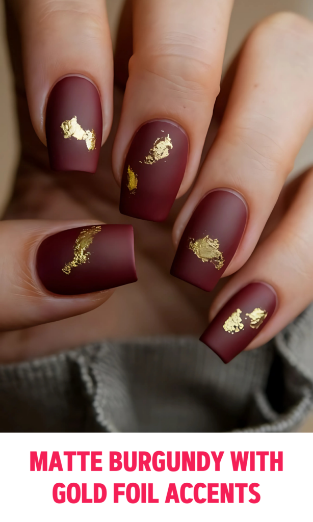 Matte Burgundy Nails with Gold Foil Accents