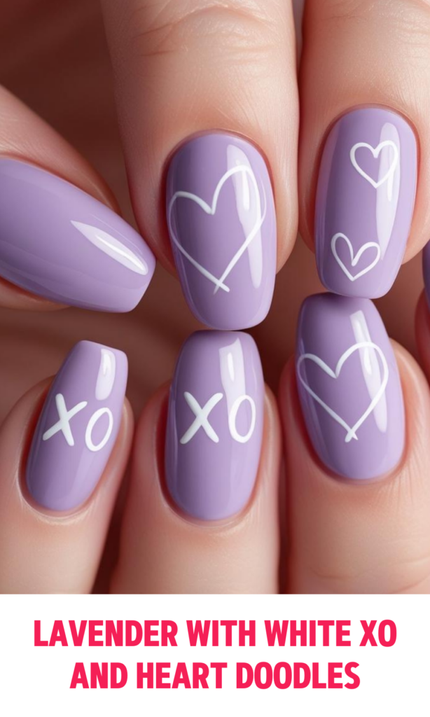 Lavender Nails with White XO and Heart Doodles