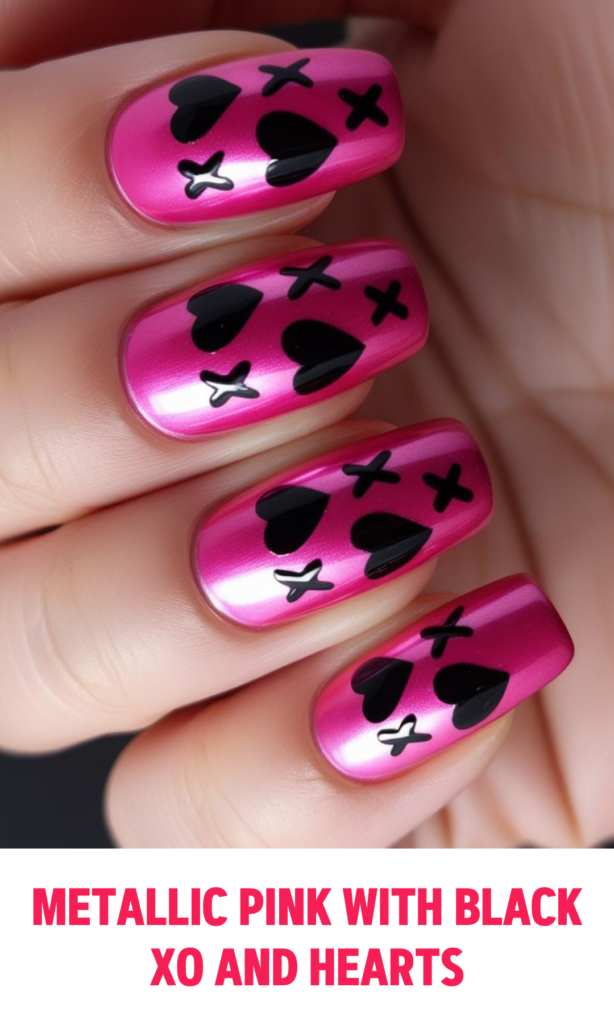 Metallic Pink Nails with Black XO and Hearts