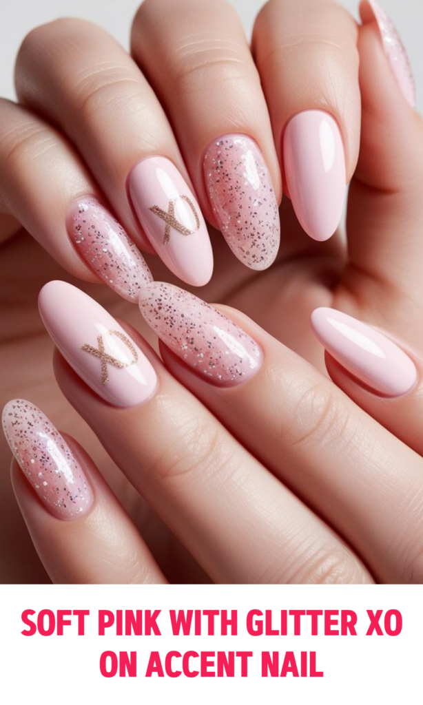 Soft Pink Nails with Glitter XO on Accent Nail