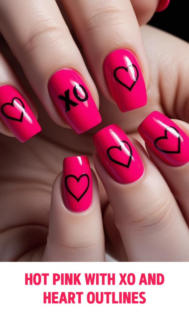 Hot Pink Nails with XO and Heart Outlines