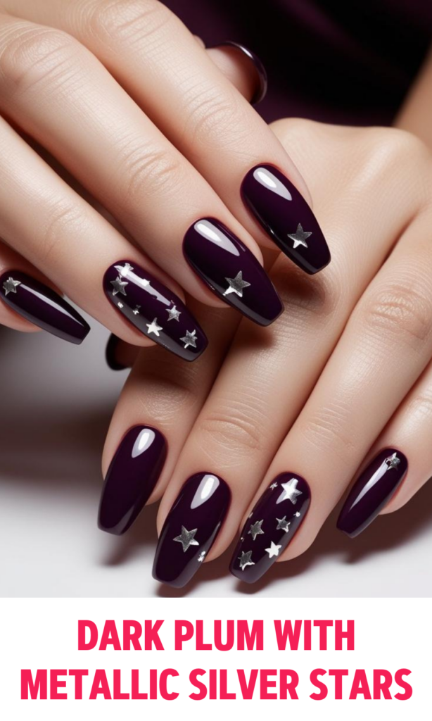 Dark plum nails with scattered metallic silver stars