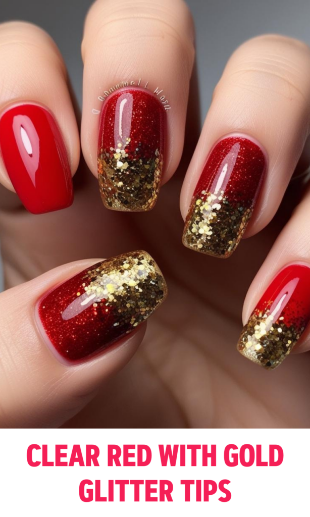 Clear Red Nails with Gold Glitter Tips