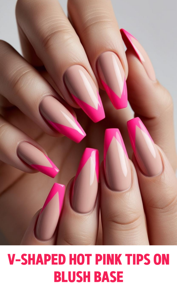 V-Shaped Hot Pink Tips on Blush Base Nails