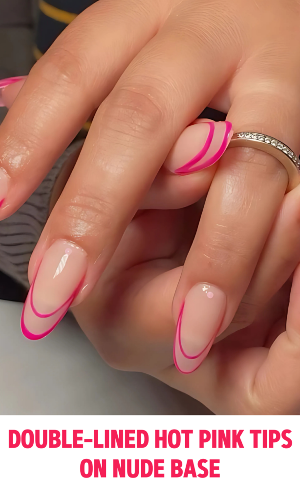 Double-Lined Hot Pink Tips on Nude Base Nails