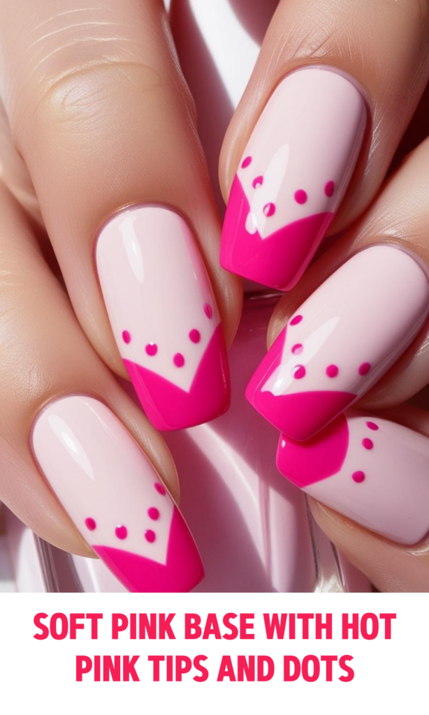 Soft Pink Base Nails with Hot Pink Tips and Dots