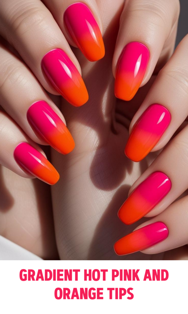 Gradient Hot Pink Nails and Orange Tips