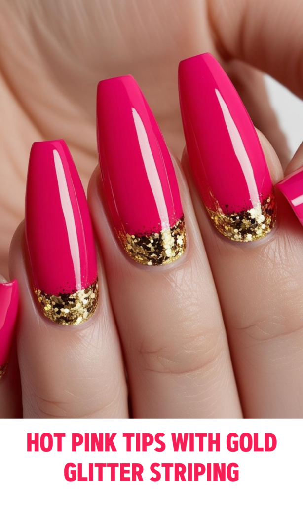 Hot Pink Tips with Gold Glitter Striping