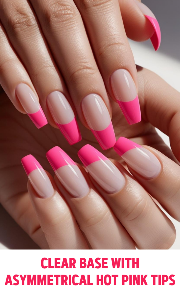 Clear Base Nails with Asymmetrical Hot Pink Tips