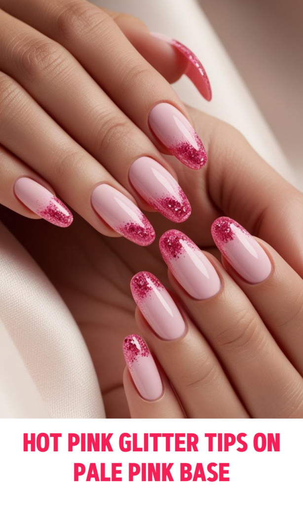 Hot Pink Glitter Tips on Pale Pink Base Nails