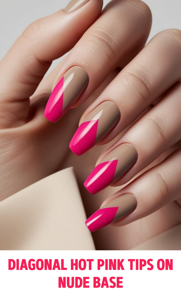 Diagonal Hot Pink Tips on Nude Base Nails