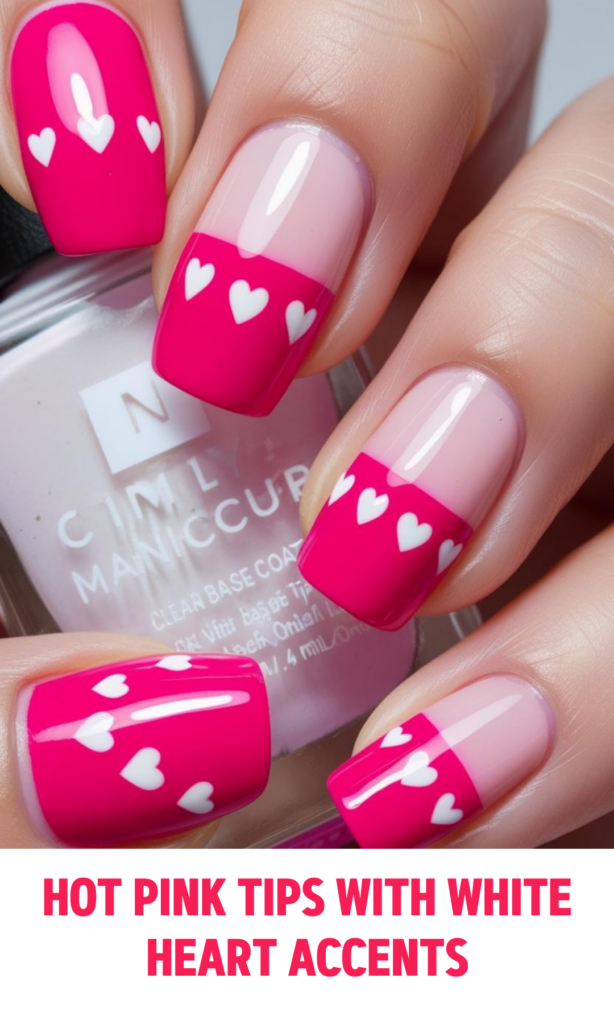 Hot Pink Tips with White Heart Accents