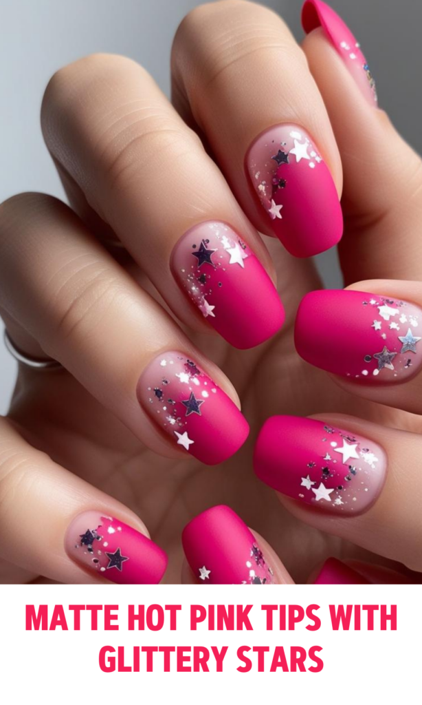 Matte Hot Pink Tips with Glittery Stars