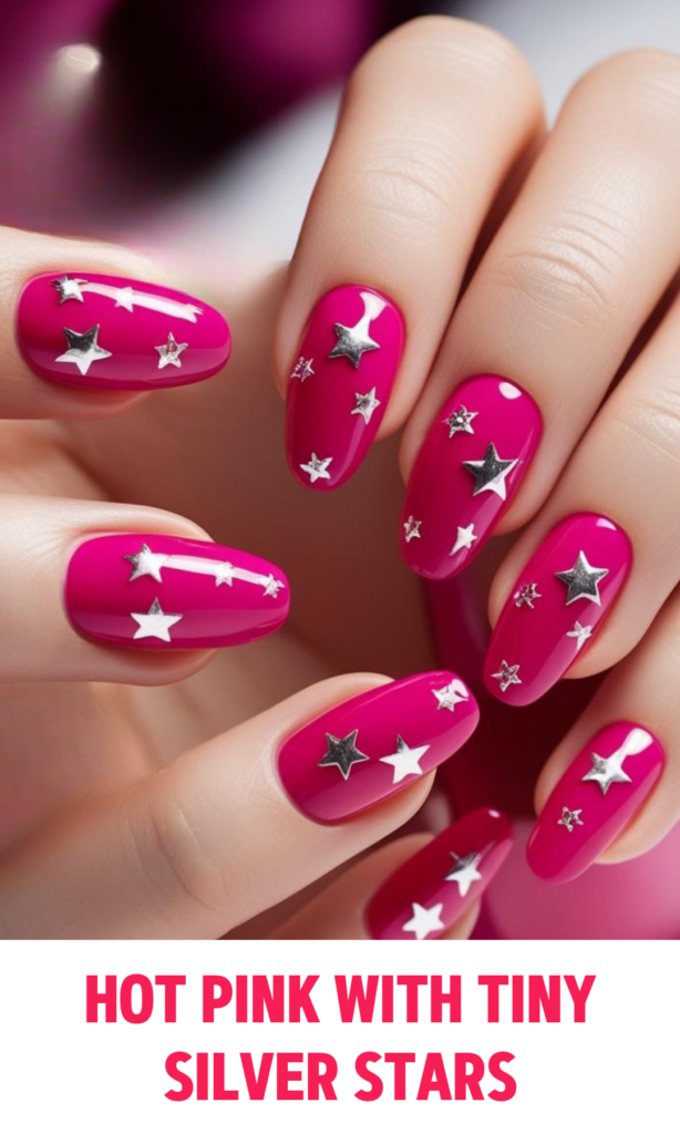 Hot pink nails with scattered silver star accents