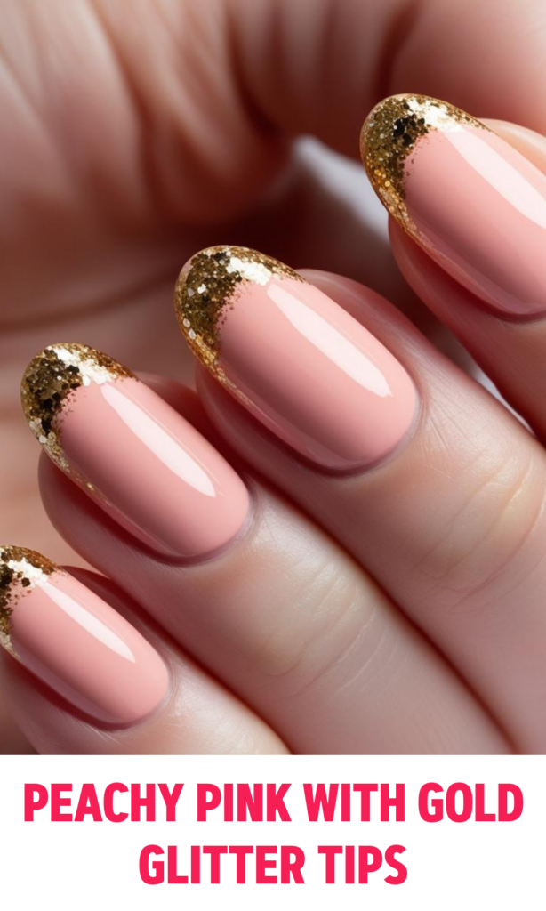 Peachy Pink Nails with Gold Glitter Tips