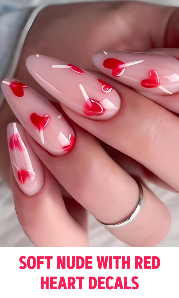 Soft Nude Nails with Red Heart Decals