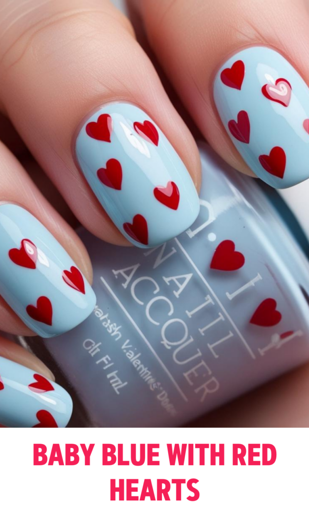 Baby Blue Nails with Red Hearts