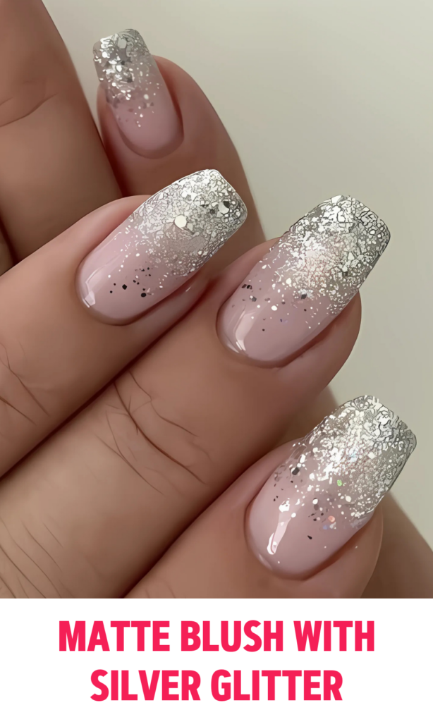 Matte Blush Nails with Silver Glitter