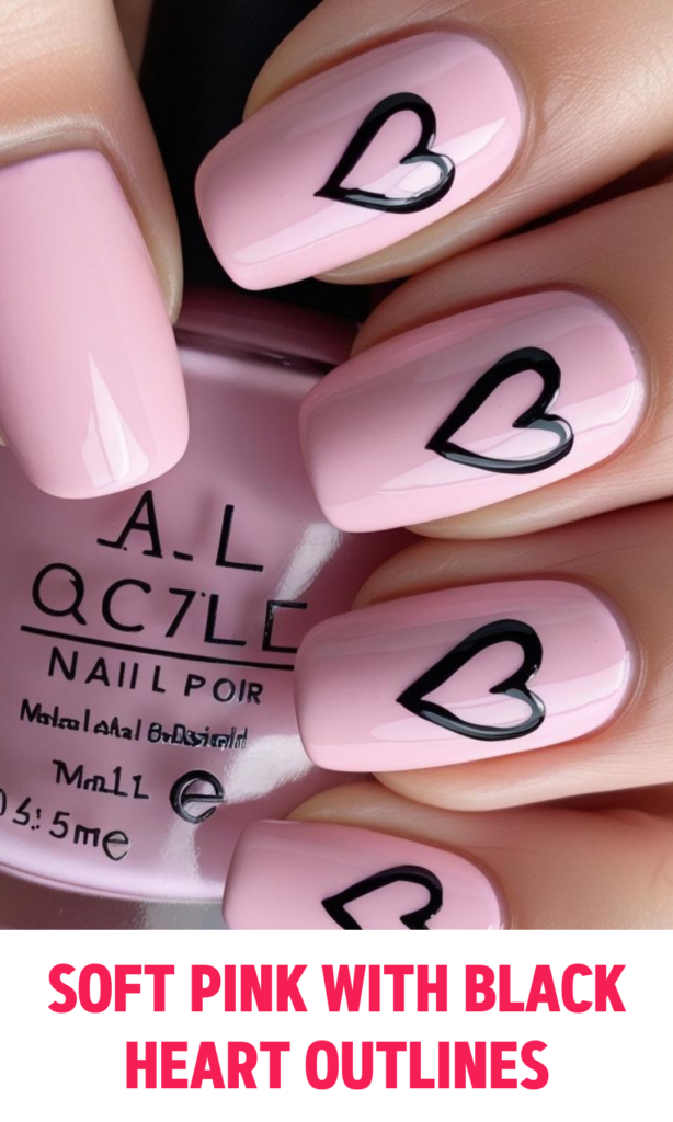 Soft Pink Nails with Black Heart Outlines