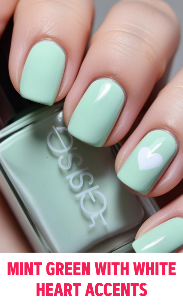 Mint Green Nails with White Heart Accents