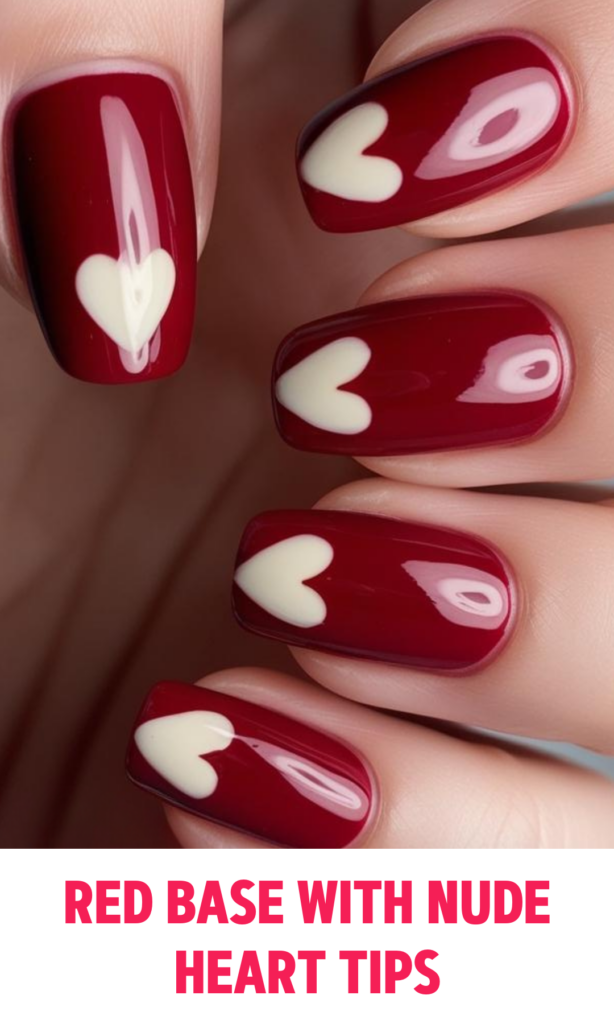 Red Base Nails with Nude Heart Tips