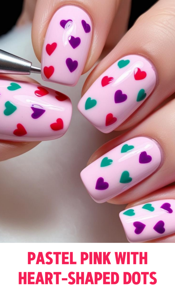 Pastel Pink Nails with Heart-Shaped Dots