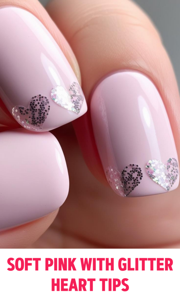 Soft Pink Nails with Glitter Heart Tips