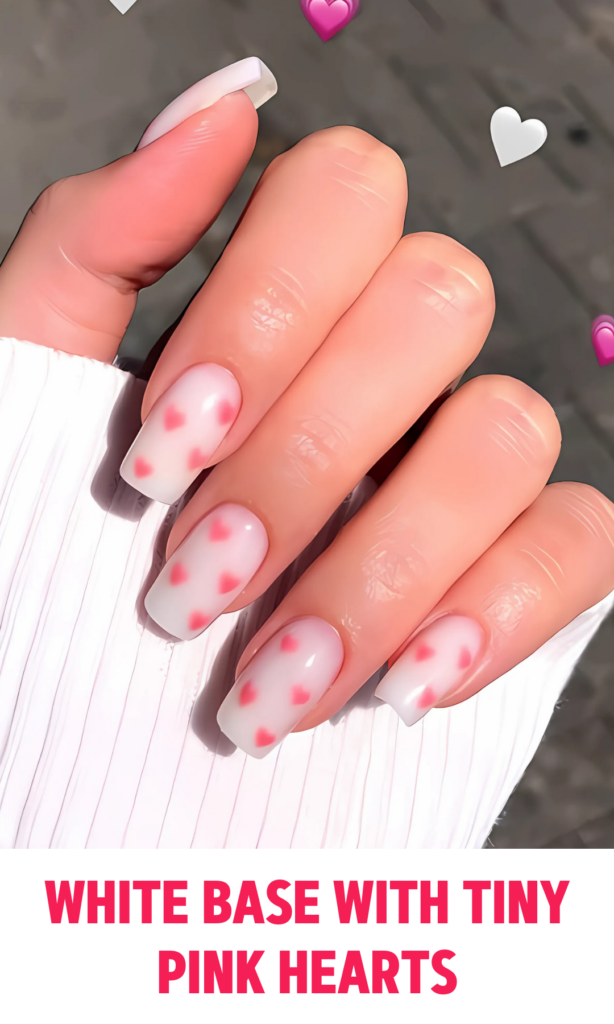 White Base Nails with Tiny Pink Hearts