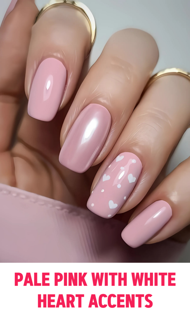 Pale Pink Nails with White Heart Accents