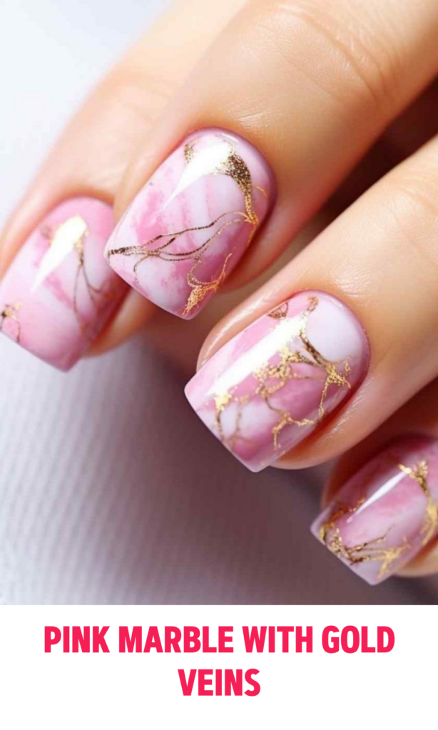 Pink Marble Nails with Gold Veins