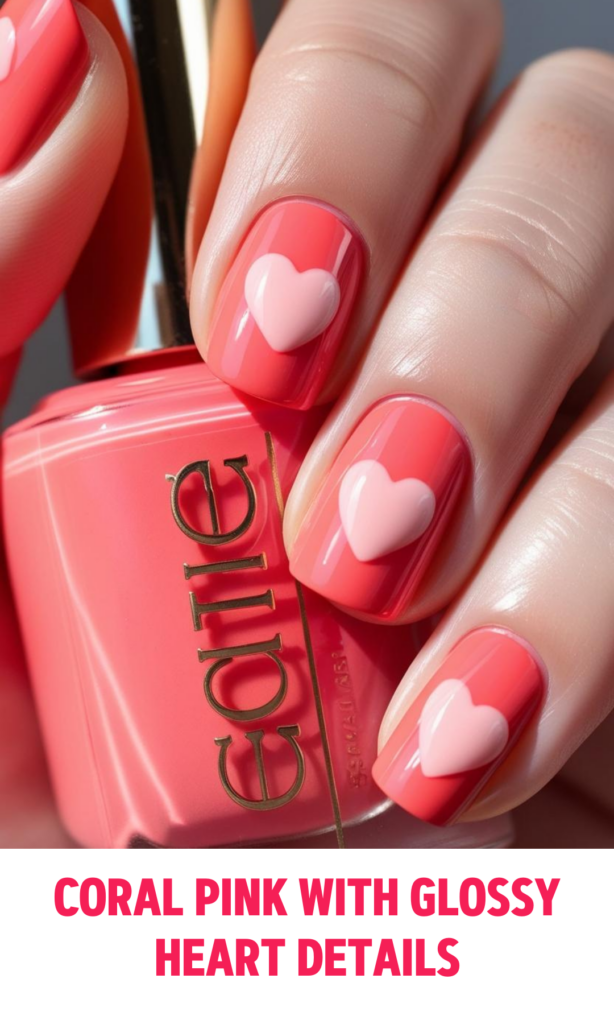 Coral Pink Nails with Glossy Heart Details