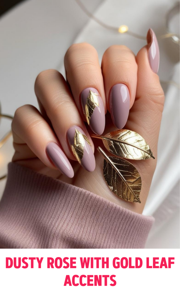 Dusty Rose Nails with Gold Leaf Accents