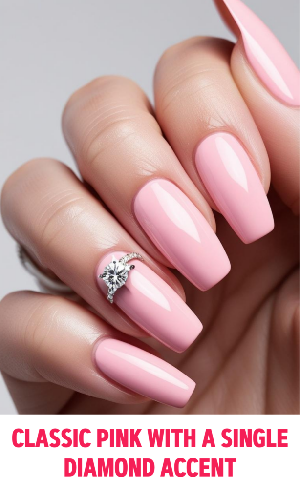 Classic Pink Nails with a Single Diamond Accent