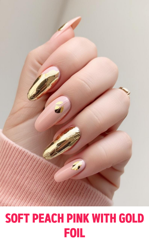 Soft Peach Pink Nails with Gold Foil